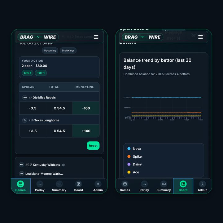 Brag Wire app screens showing Games and Board tabs on phones